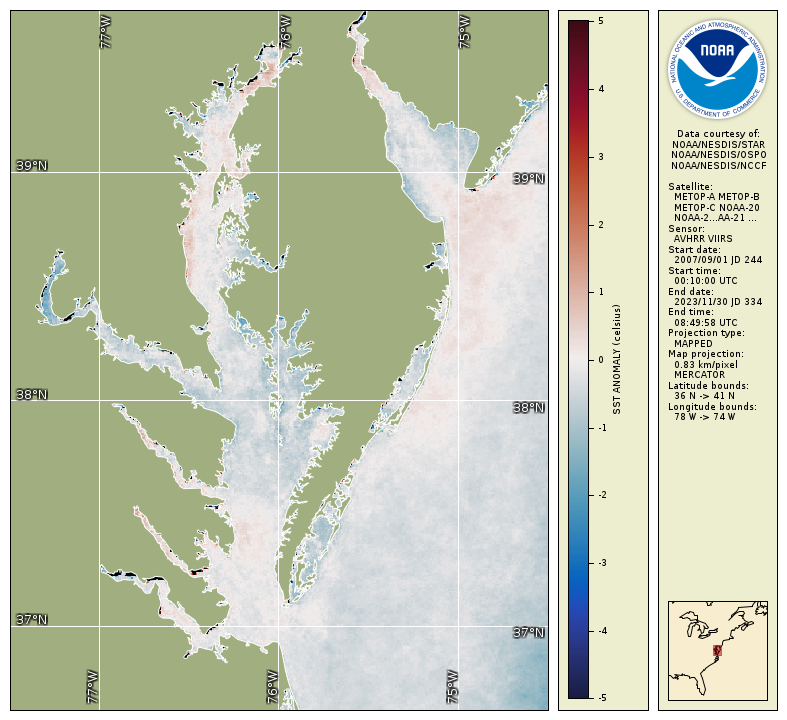 Map of the Chesapeake Bay with slight color variations indicating differences from average water temperature