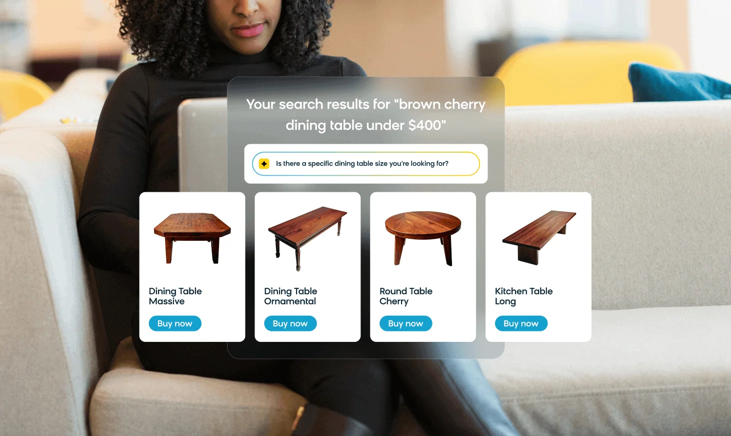 Bloomreach Clarity asking for more details to help a shopper find the right results for a dining table