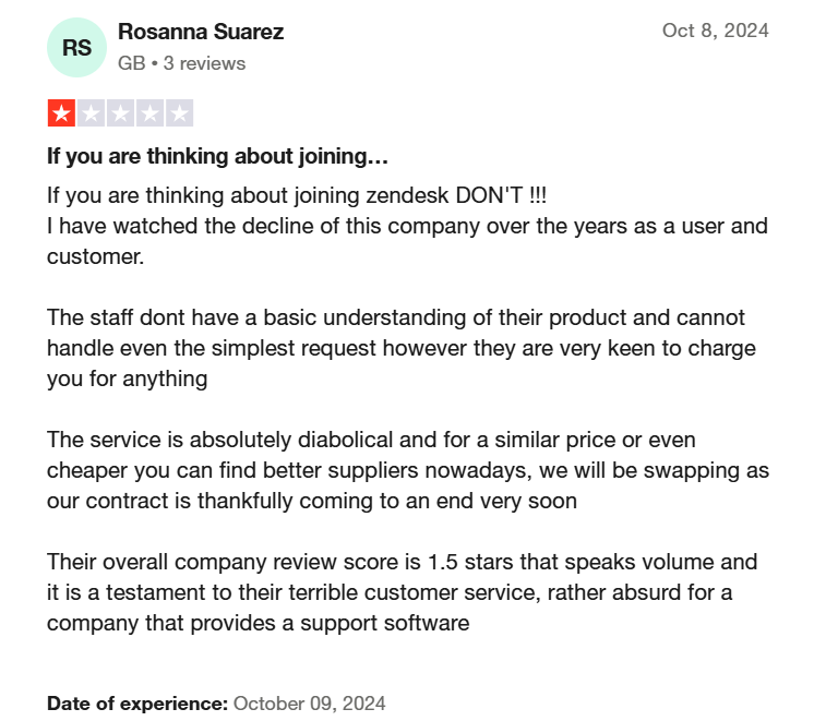 1-star review complaining about Zendesk’s poor customer support and unhelpful staff.