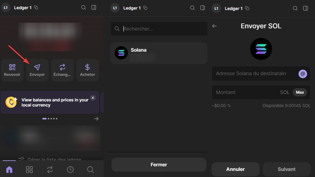 phantom wallet envoyer crypto ledger tuto