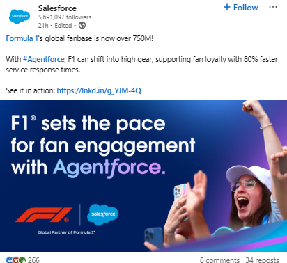 Salesforce and Formula 1 partnership banner highlights fan engagement with Agentforce in bold text.