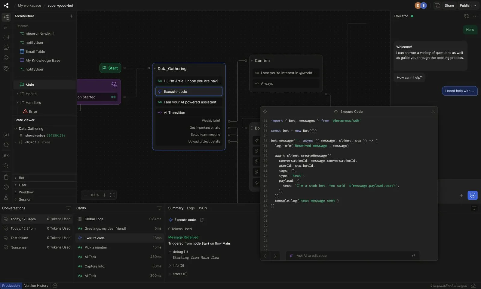 Craft chatbots in Botpress that talk to customers across multiple platforms