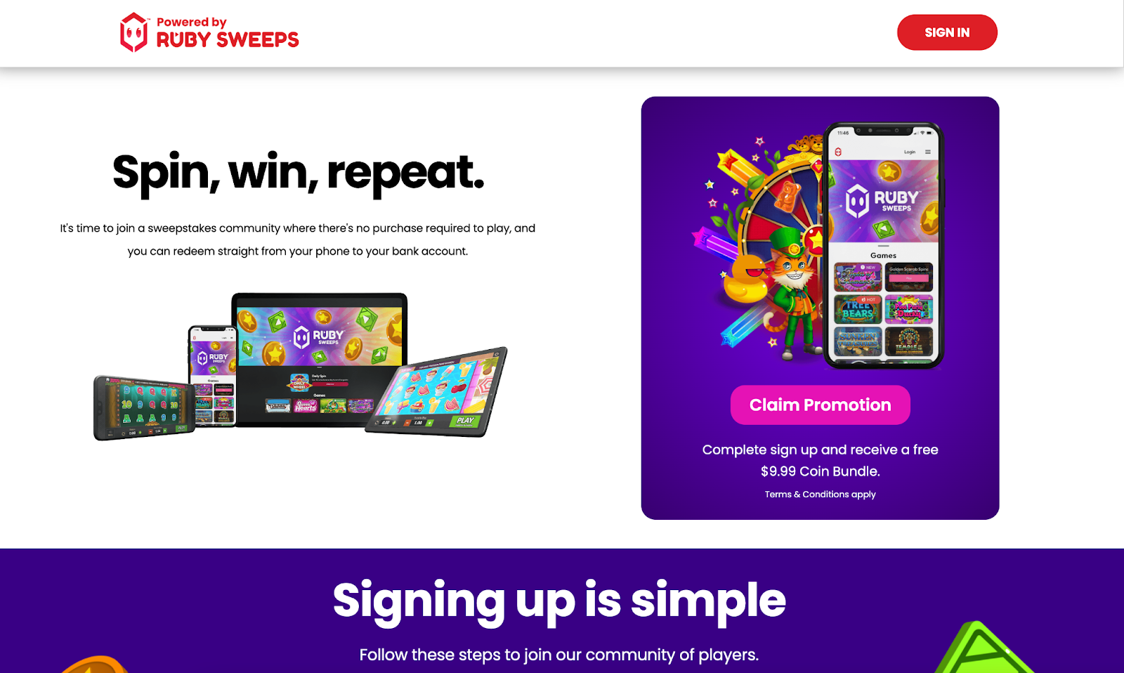 Ruby Sweeps casino homepage