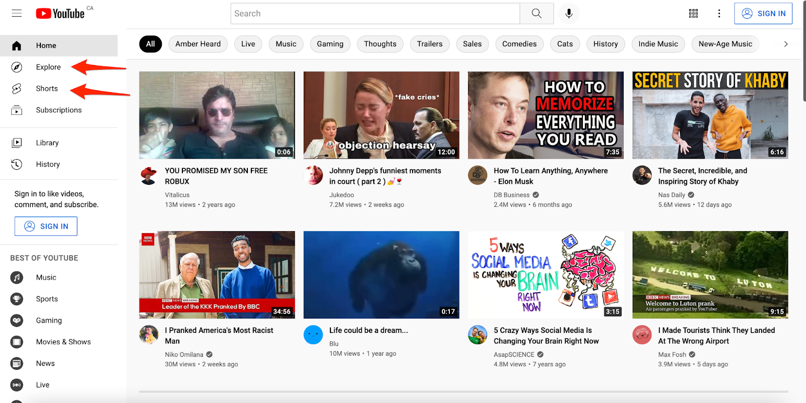 YouTube homepage highlighting viral trends, including popular videos, Shorts tab, and trending topics like social media brain changes.
