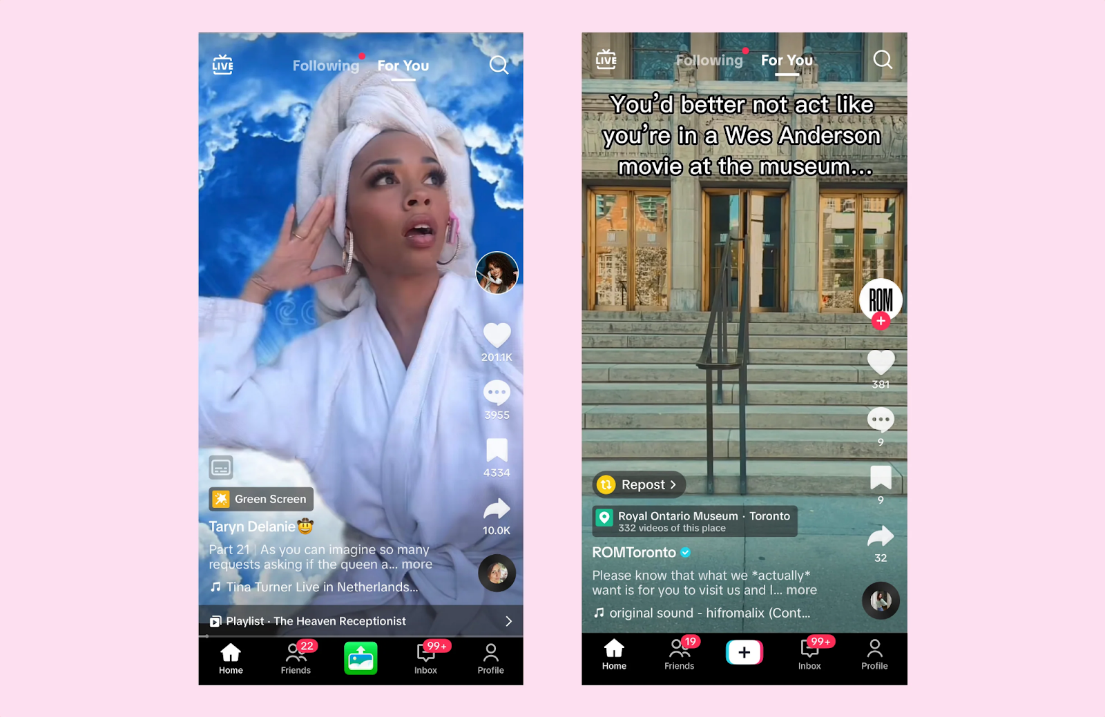 TikTok videos showcasing trending formats: a comedic green screen skit on the left and a cinematic museum trend inspired by Wes Anderson on the right.