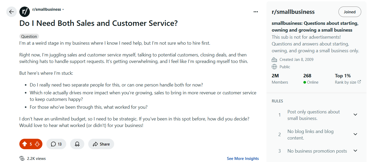 Reddit post where a small business owner is confused between hiring sales or customer service first.
