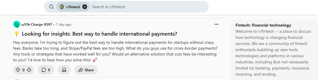 Screenshot of Reddit’s r/fintech's discussion post.