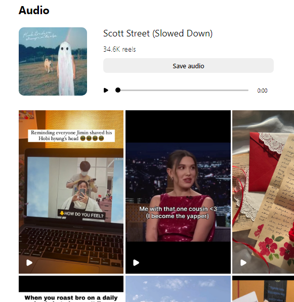 Audio page with “Scott Street (Slowed Down)” track, displaying popular social media trends featuring the song across various reels.