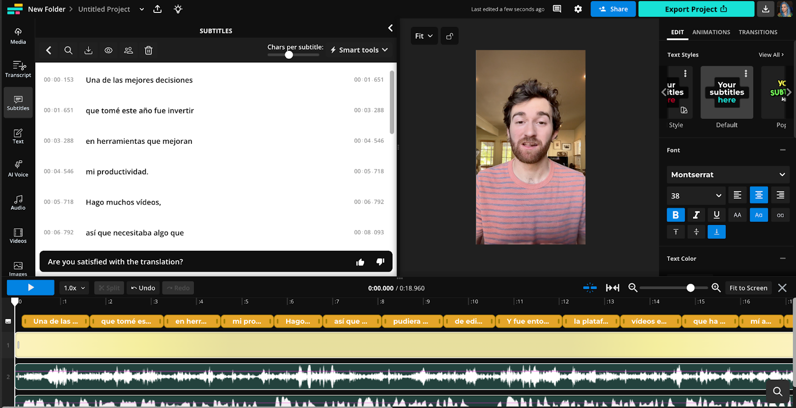 To the left, there is a Spanish language translation. At the bottom is the video and its audio streams.