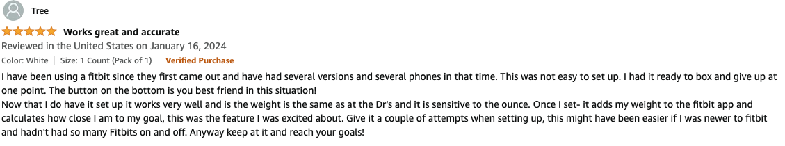 Amazon customer review of the Fitbit Aria Air. The customer rated it 5 stars out of 5, and says it helped them reach their fitness goals