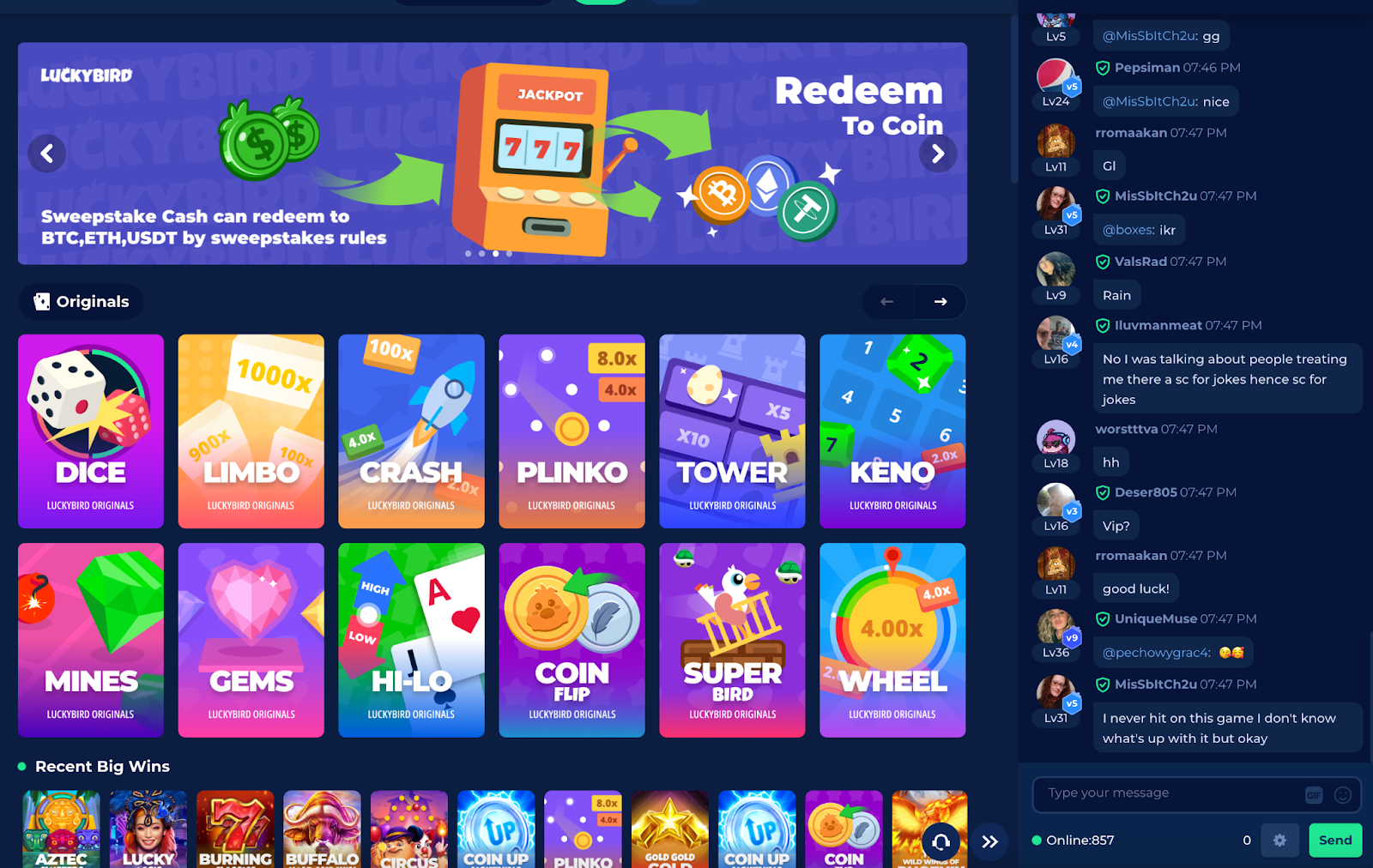 Community chat room on LuckyBird casino