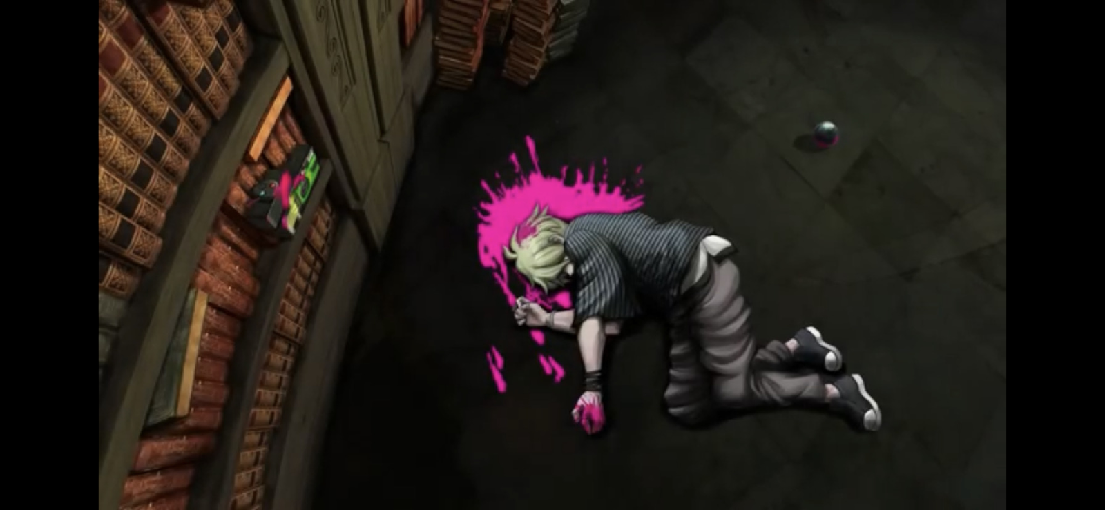 A man with light blonde and a striped shirt lays on the ground of a library, there is a bright pink blood splatter beneath him.